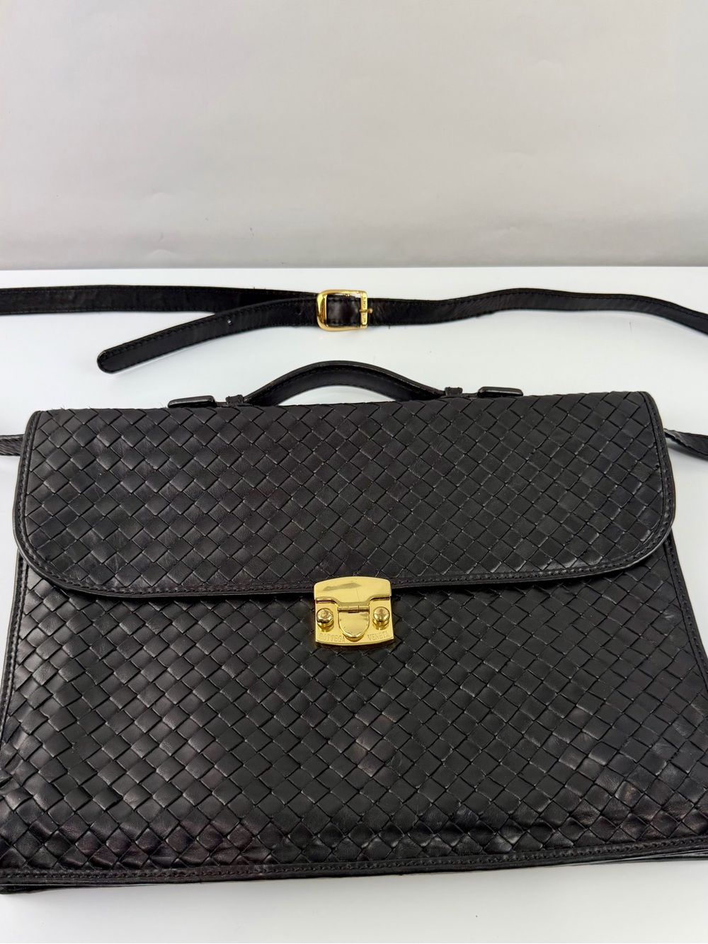 Bottega Veneta Black Woven Leather Satchel with Gold Hardware